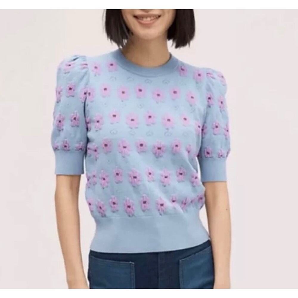 Kate Spade Light Blue Sweater with Pink Floral Jacquard